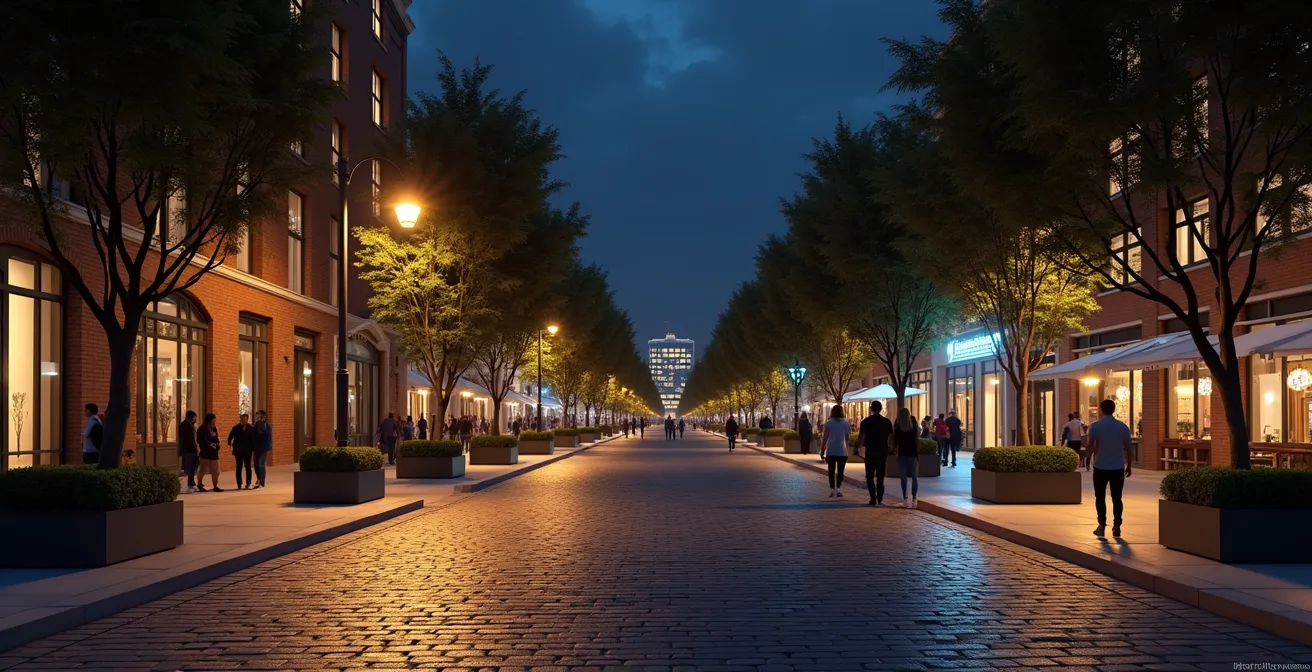 Eine gut beleuchtete Stadtstraße bei Nacht mit Passanten, die das Gefühl von Sicherheit im urbanen Raum vermittelt.