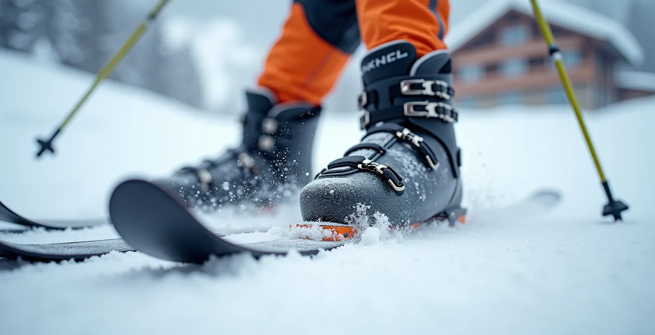 Makroaufnahme der korrekten Skiposition mit Fokus auf die Bindung und Schuhe