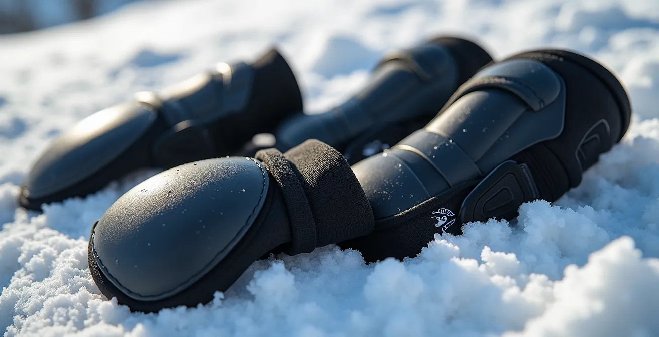 Nahaufnahme von Snowboard-Schutzausrüstung bestehend aus Protektorenhose, Handgelenkschützern und Knieschonern auf frischem Schnee