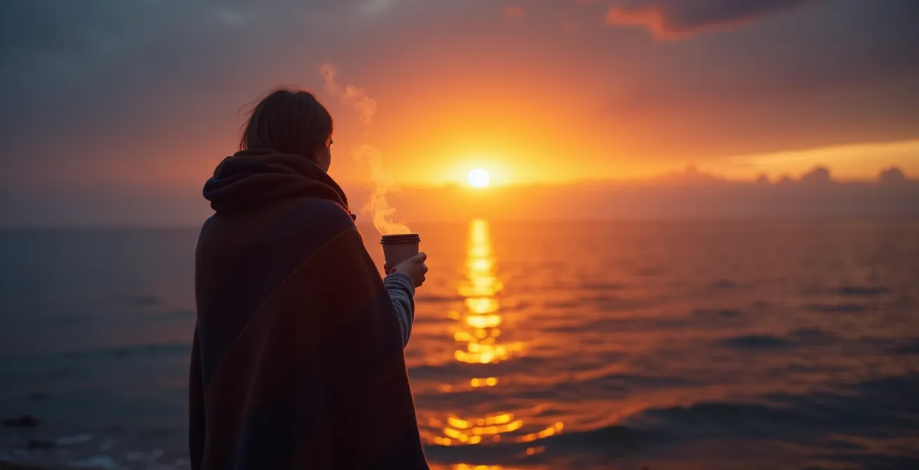 Person genießt Sonnenaufgang am einsamen Ostseestrand