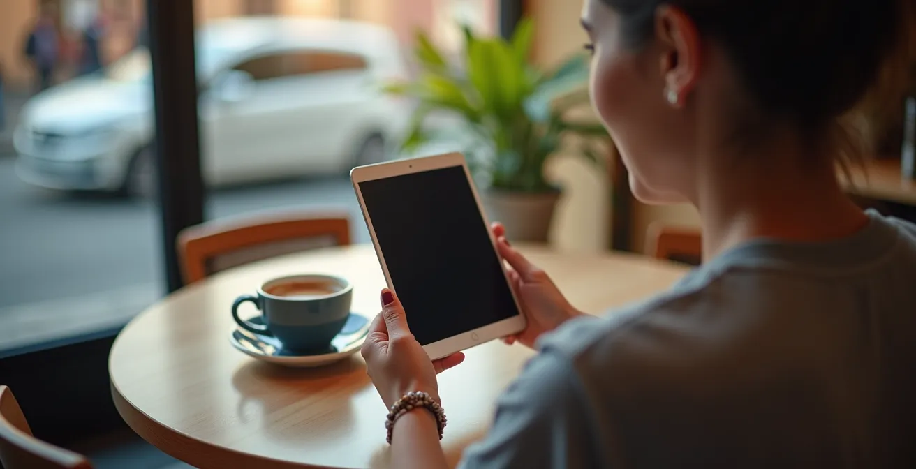Person vergleicht Mietwagenpreise auf verschiedenen Plattformen auf einem Smartphone in einem Café.