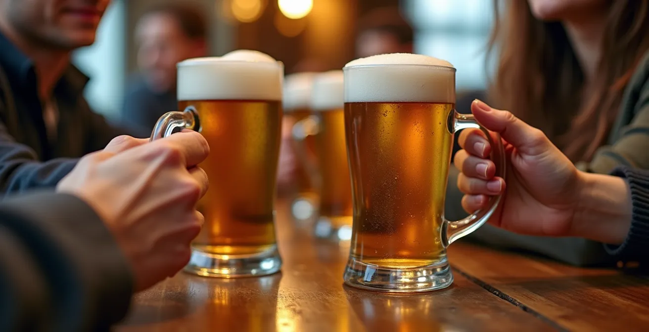 Gesellige Runde an einem traditionellen Stammtisch in einer gemütlichen deutschen Gaststätte.