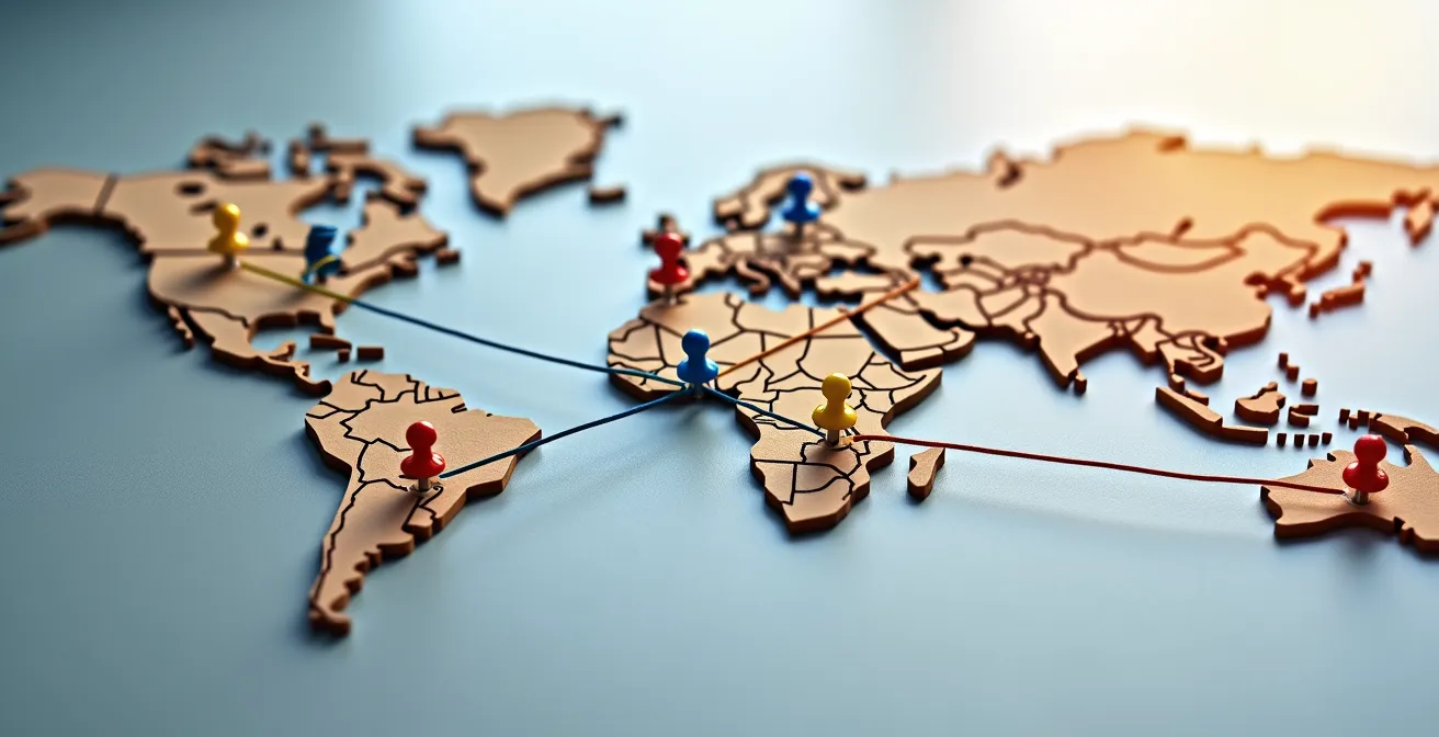 Abstrakte Netzwerkkarte mit zentralen Knotenpunkten und Verbindungslinien