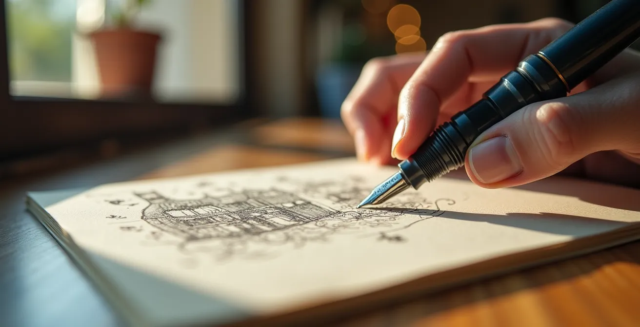 Nahaufnahme eines handschriftlichen Reisetagebuchs mit kulturellen Beobachtungen