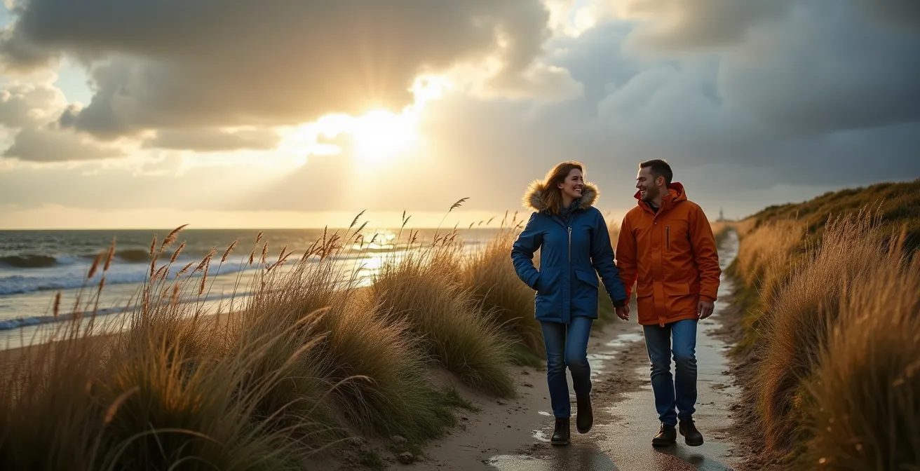 Dramatischer Deichspaziergang bei stürmischem Wetter an der Nordsee