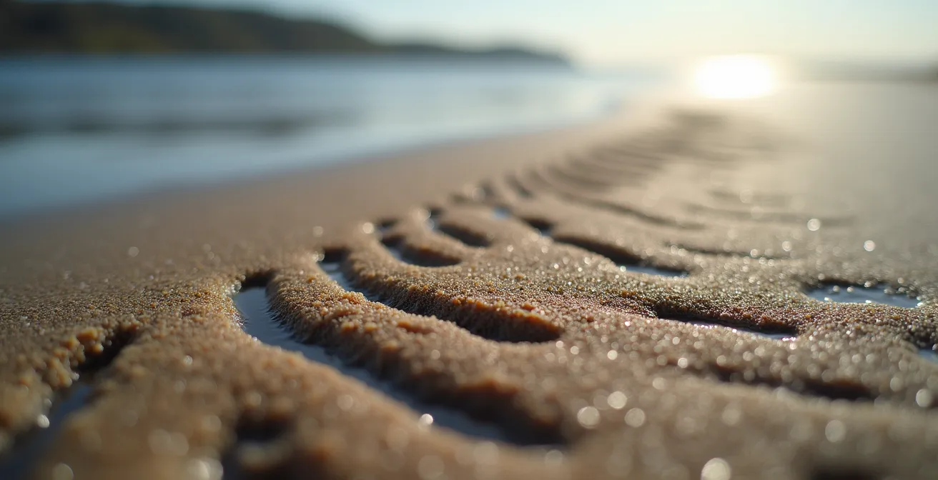 Makroaufnahme von Wattwurm-Spuren im Sand mit unscharfem Meerblick