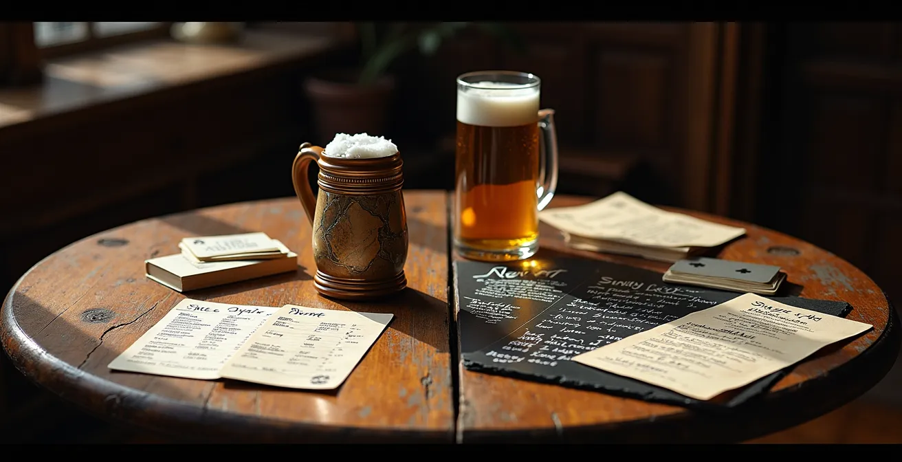 Symbolische Gegenüberstellung authentischer und kommerzieller Gasthof-Elemente