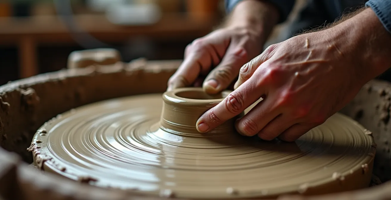 Hände formen Ton auf Töpferscheibe in traditioneller Werkstatt