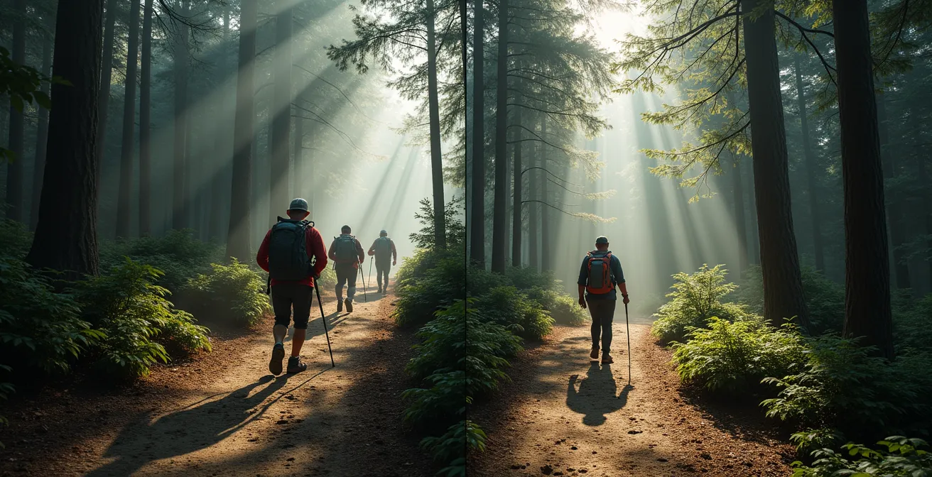 Kontrastbild zwischen überfülltem und ruhigem Wanderweg im deutschen Nationalpark