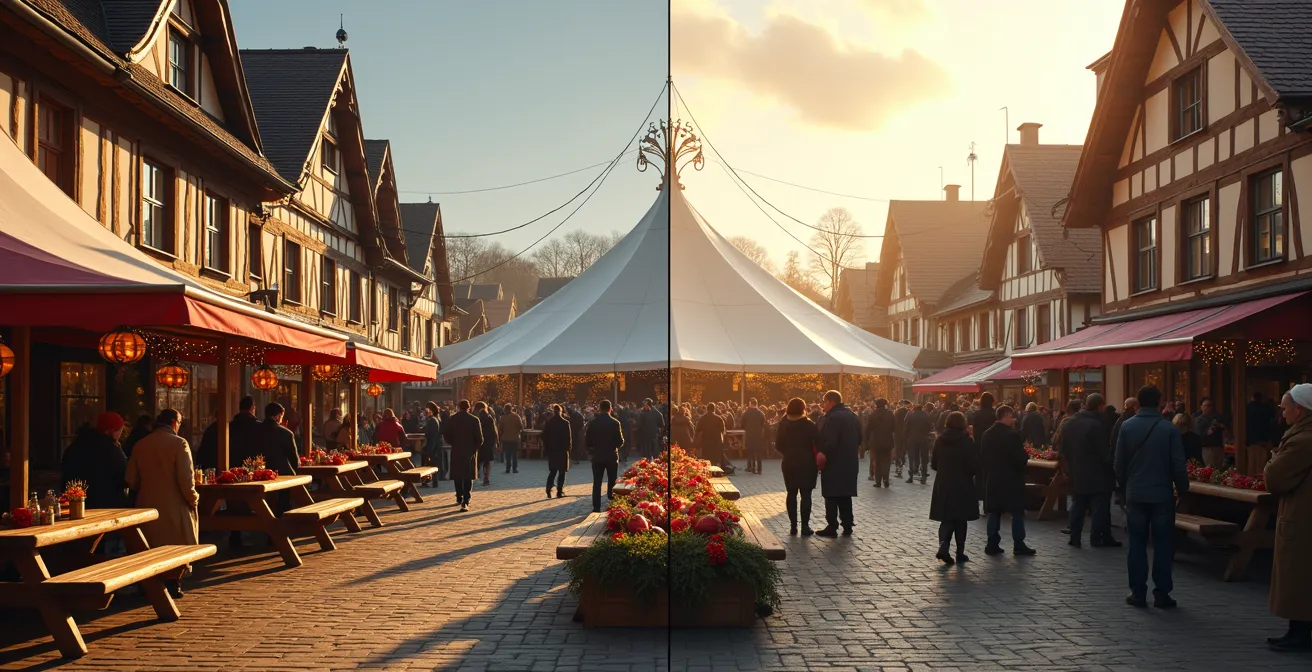 Geteilte Szene zeigt gemütliches Dorffest versus überfülltes kommerzielles Festzelt