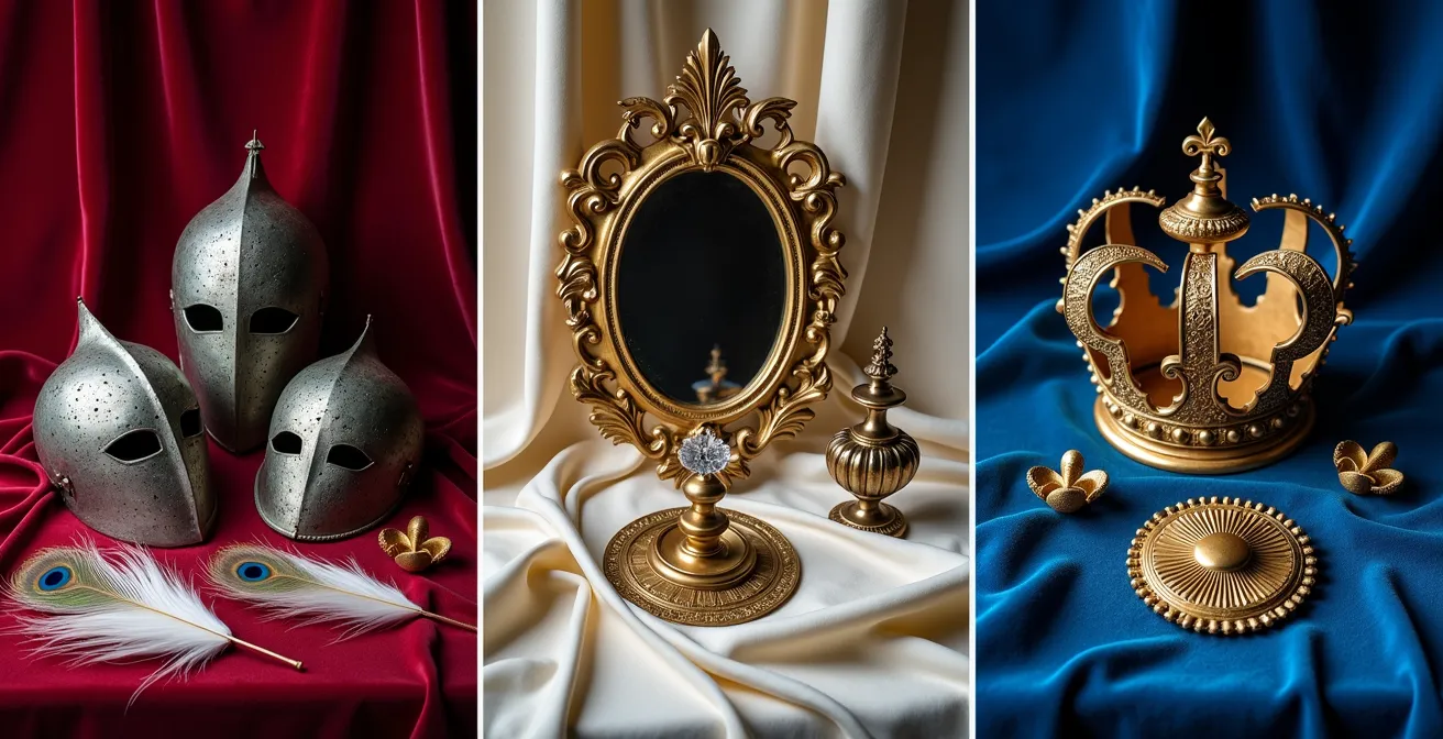 Triptychon-Darstellung der drei Königsschlösser Neuschwanstein, Linderhof und Herrenchiemsee in ihren charakteristischen Landschaften