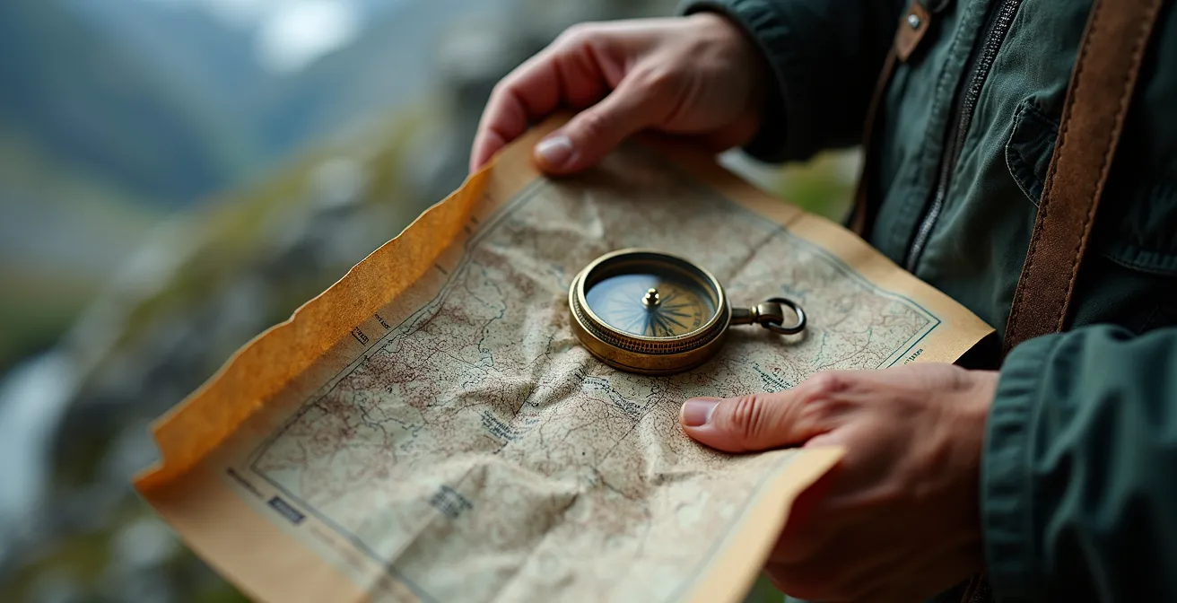 Nahaufnahme von Wandererhänden mit traditioneller Karte und Kompass vor alpinem Gelände