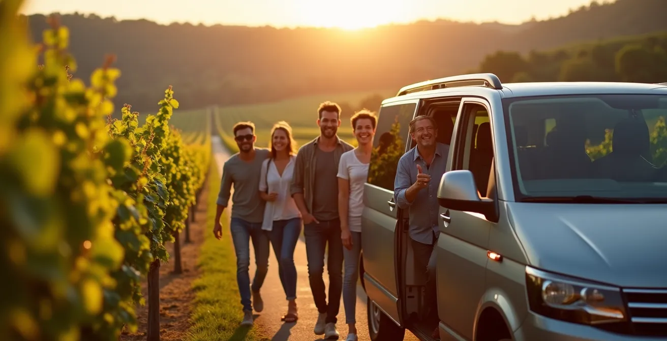 Gruppe von 8 Personen steigt in eleganten Shuttle-Van vor malerischem deutschen Weinberg