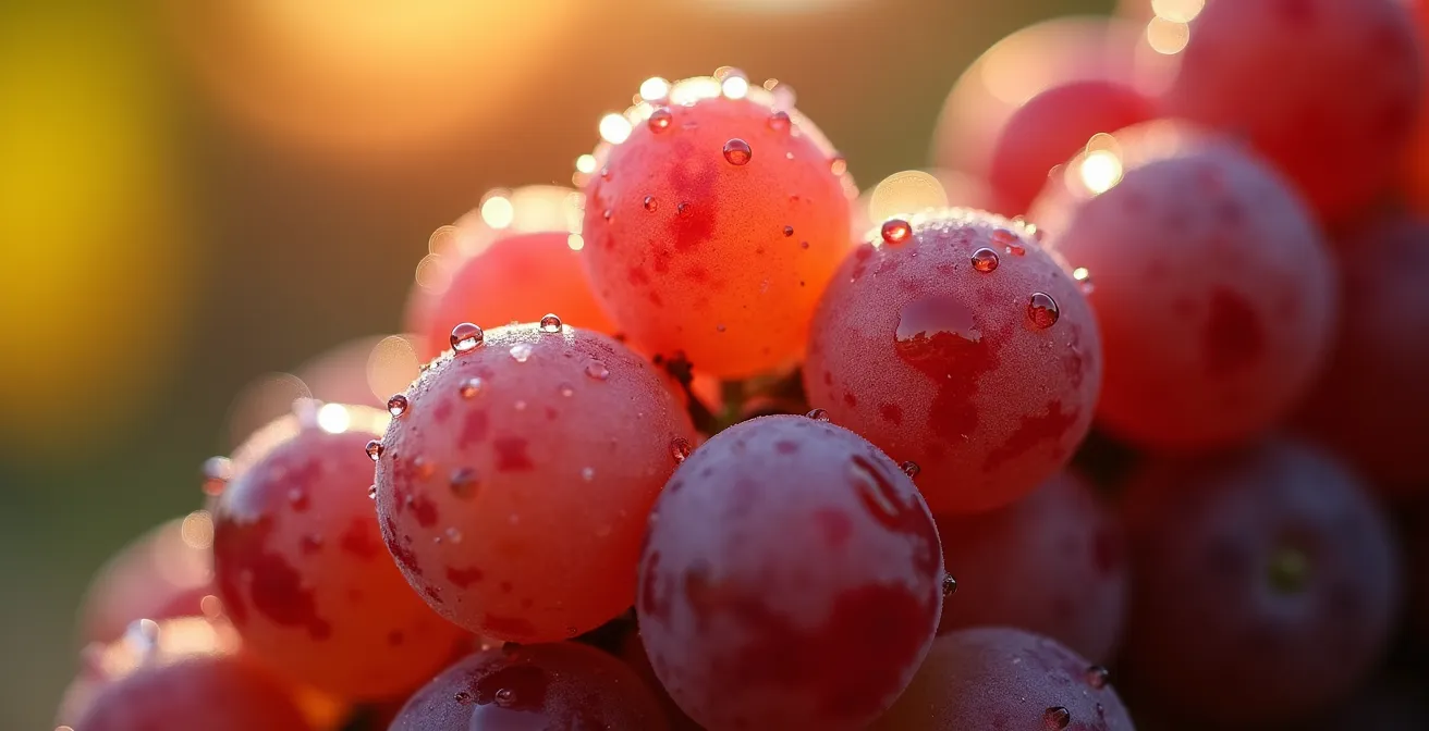Makroaufnahme von reifen Weintrauben mit Morgentau