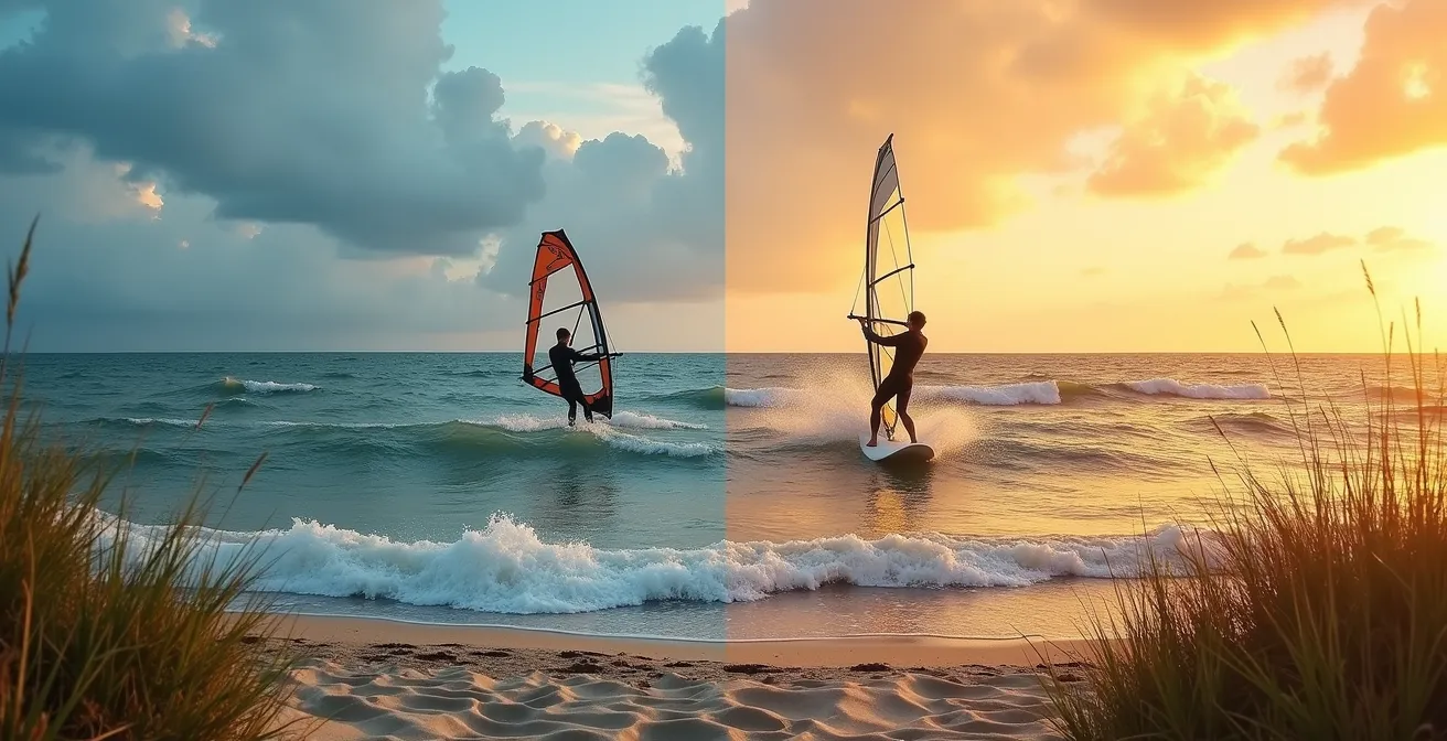 Windsurfer bei unterschiedlichen Wetterbedingungen auf der Ostsee