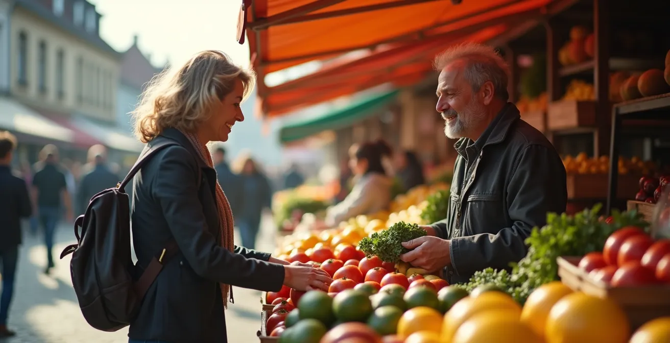 Marktbesucher im Gespräch zwischen Gemüseständen auf deutschem Wochenmarkt