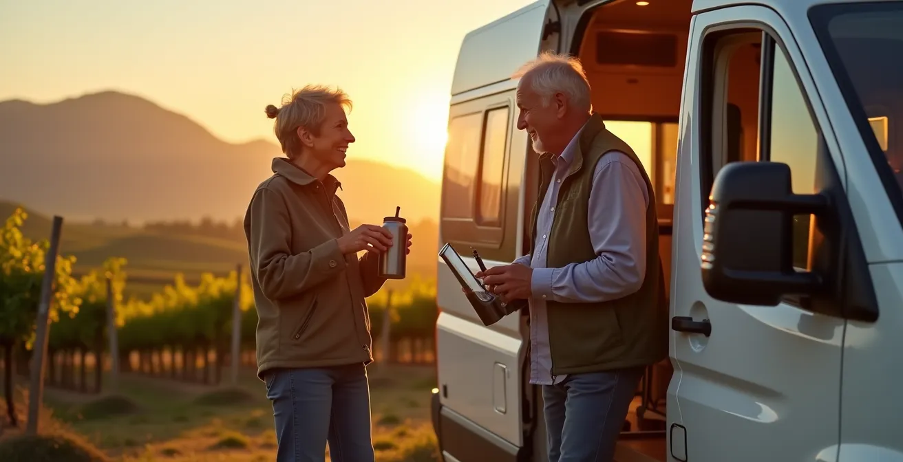 Wohnmobil auf naturnahem Stellplatz zwischen deutschen Weinbergen